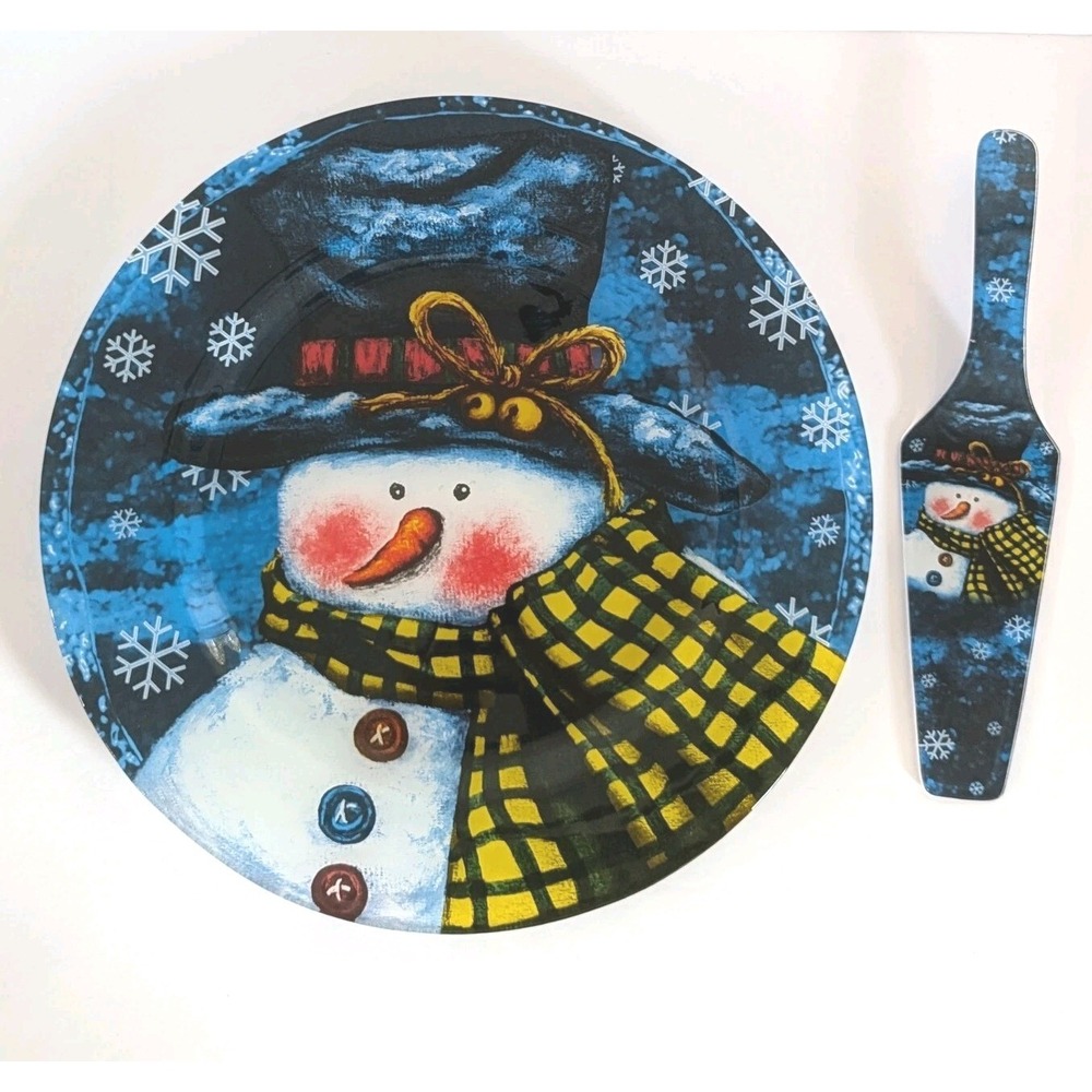 Snowman Cake Pie‎ Plate with Server Glass Christmas Table Decor Beautiful Colors